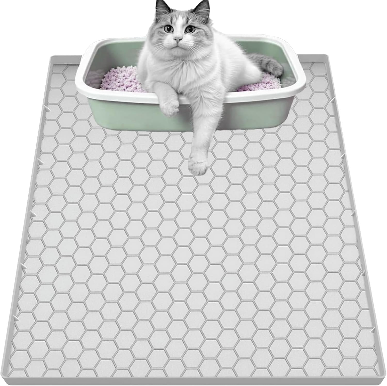 Litter Mat,  Large  Mat for Litter Box - 34x22 in,  & Non-Slip, Durable & Easy Clean, Light Grey