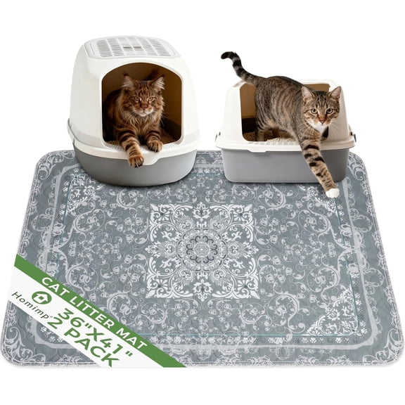 Litter Mat, Litter Trapping Mat 2 Pack, Contains Mess from Box, Protects Floors, ,Non-slip,Less Litter Box Mat,Soft Kitty's Paws,Washable,Absorbent,Grey 36"X41"