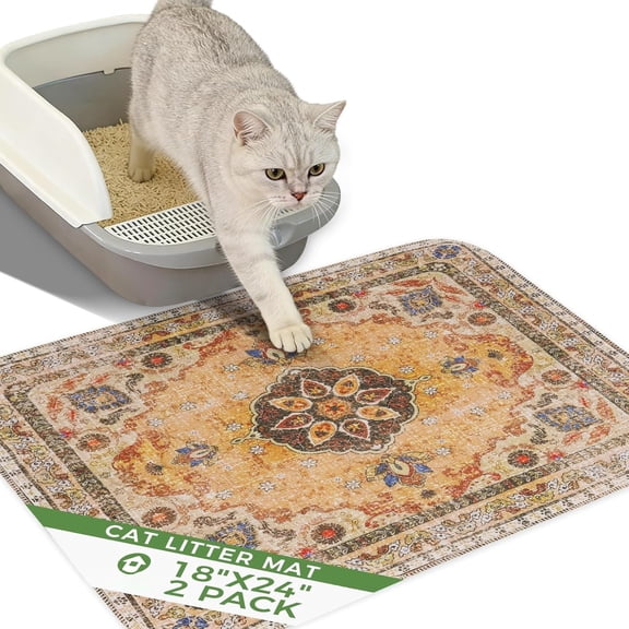 Litter Mat, Litter Trapping Mat 2 Pack, Contains Mess from Box, Protects Floors, ,Non-slip,Less Litter Box Mat,Soft Kitty's Paws,Washable,Absorbent,Khaki 18"X24"