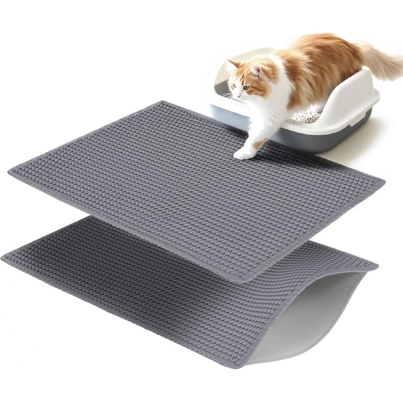 Litter Mats (2-Pack) 26.6" x 16", Litter Box Mats with Double Layers, -Proof and Non-Slip Litter Trapping Mats, Easy Clean Leakproof, Soft EVA Durable Anti-Scratch Kitty Litter Mat, Grey