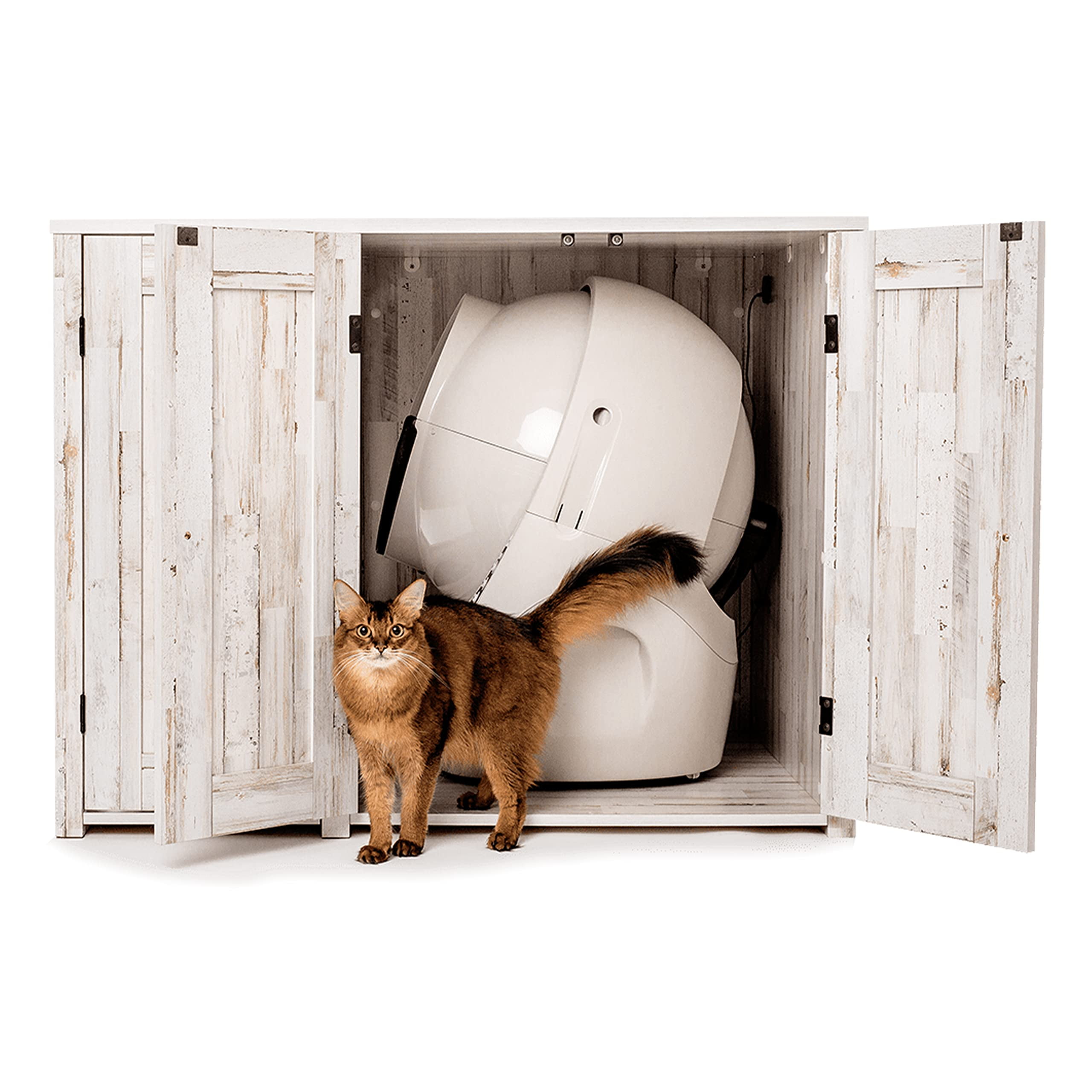 Rustic White Wood Cat Litter Box Credenza with Aluminum Handles