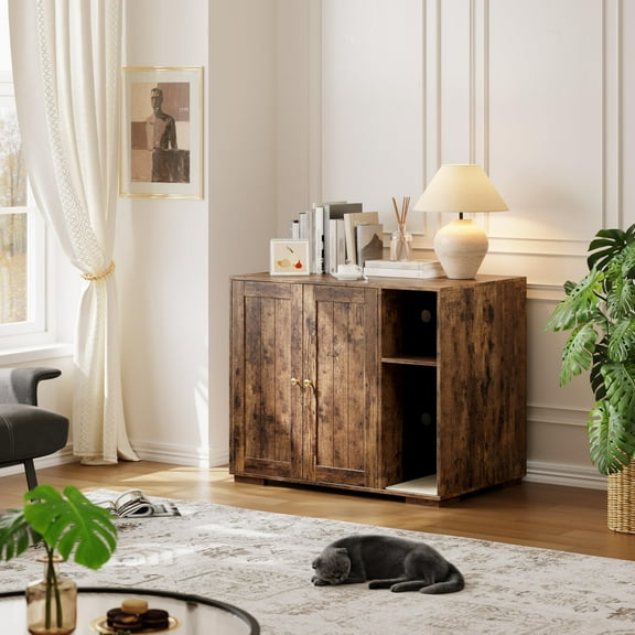 Litter Robot Enclosure, Cat Litter Box Furniture with Power Outlet, Cat Litter Box Enclosure Cabinet with Double Doors and open shelf for Litter Robot