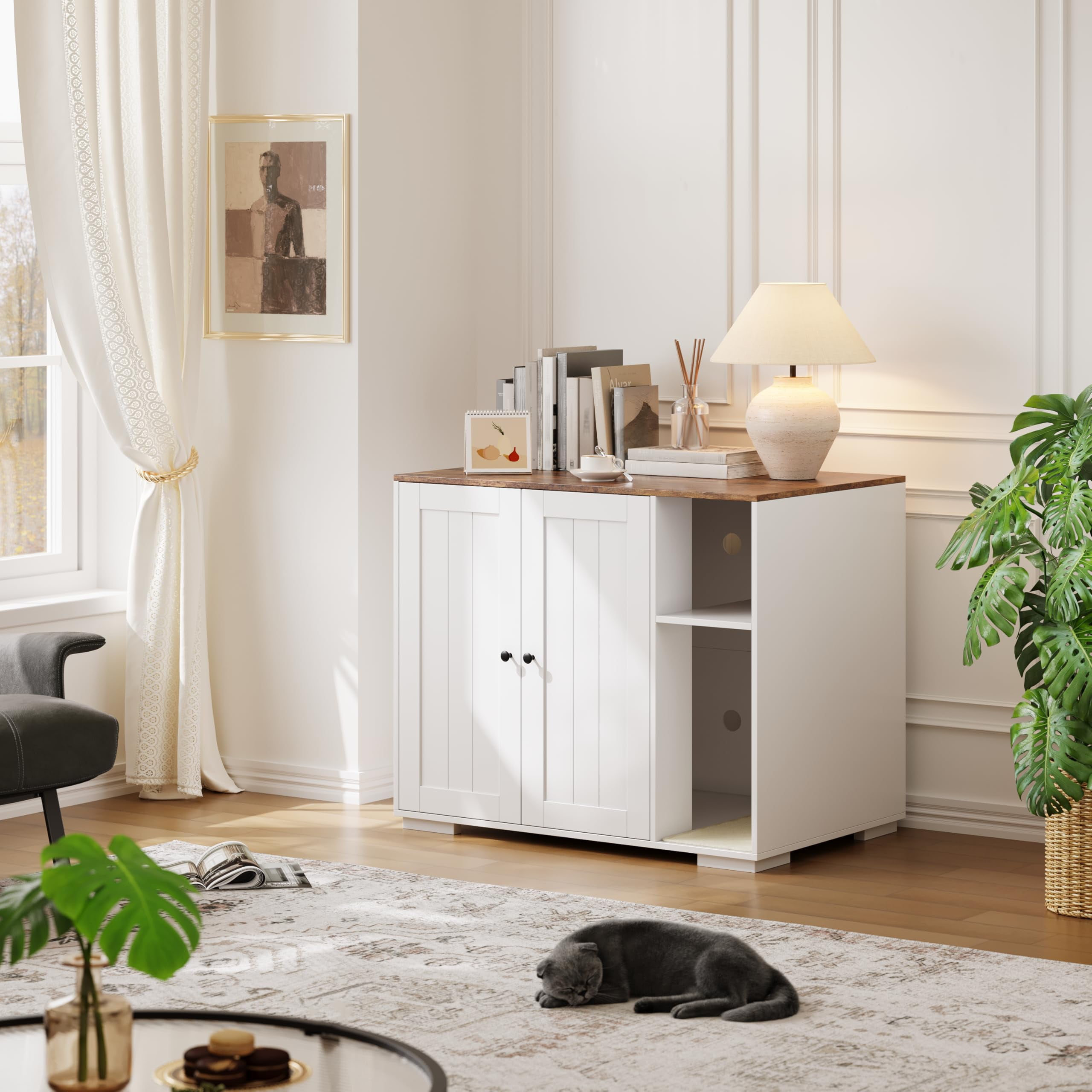 Litter Robot Enclosure, Cat Litter Box Furniture with Power Outlet, Cat Litter Box Enclosure Cabinet with Double Doors and open shelf for Litter Robot