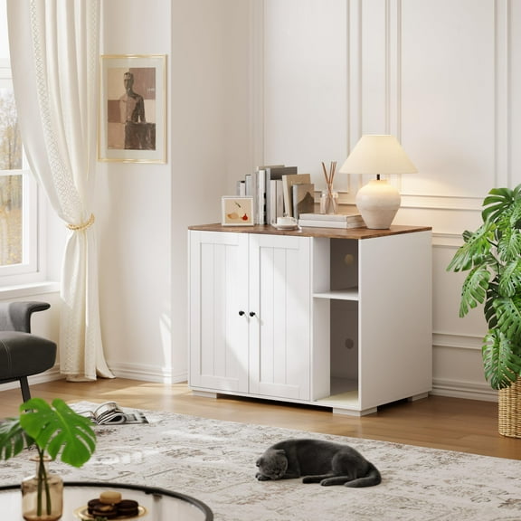 Litter Robot Enclosure, Cat Litter Box Furniture with Power Outlet, Cat Litter Box Enclosure Cabinet with Double Doors and open shelf for Litter Robot