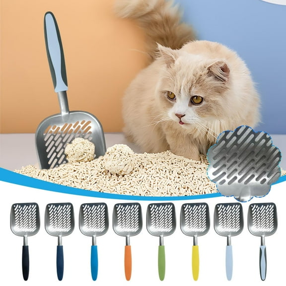 Litter Scoop, Cat Ltter Scoop, Stainless Steel Metal Litter Scoop, Non-Stick Large Scooper with Non-Slip Long Handle & Curved Design for Litter Box(Black)