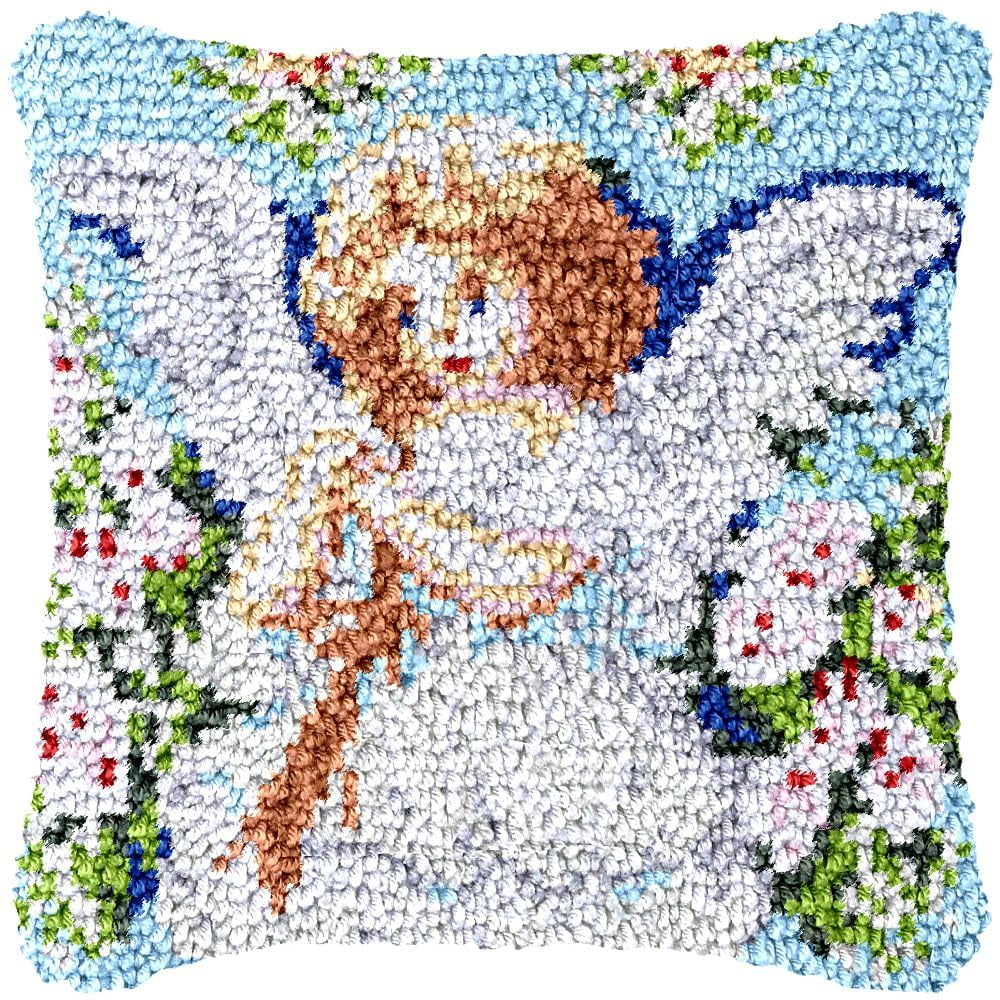 Little Angel Kid Latch Hook Pillow Cover Kits for Needlework Cushion Throw Pillow Cross Stitch Crochet Hook Pillowcase Rug Kits Printed Canvas Crochet Yarn Kits Needlework 17'' X 17''