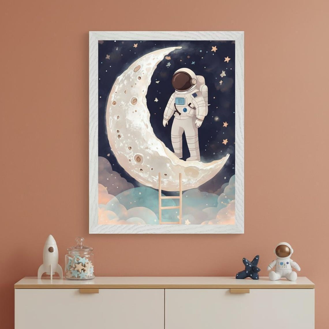 Little Astronaut Standing On Moon Wall Art Print, Whimsical Celestial ...