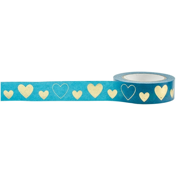 Little B Decorative Foil Tape 15mmX10m-Gold Foil Hearts On Blue, Pk 4, Little B