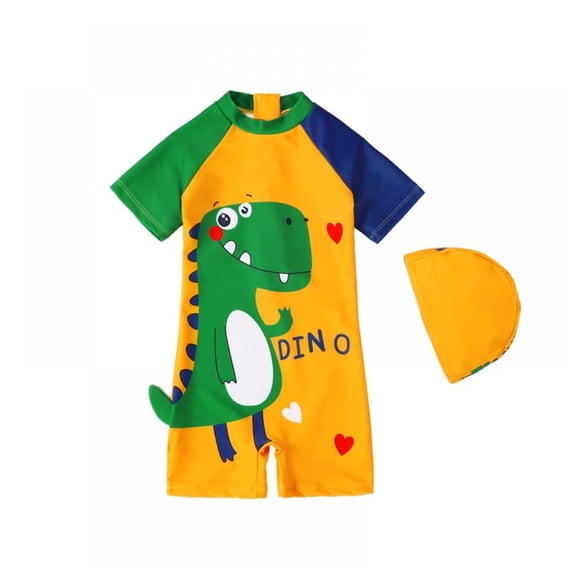 Little Baby Boys One Piece Swimsuit for Toddler Cartoon Short Sleeve Sun Protection Zip Bathing Suit with Hat