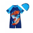 thumbnail image 1 of Little Baby Boys One Piece Swimsuit for Toddler Cartoon Short Sleeve Sun Protection Zip Bathing Suit with Hat, 1 of 6