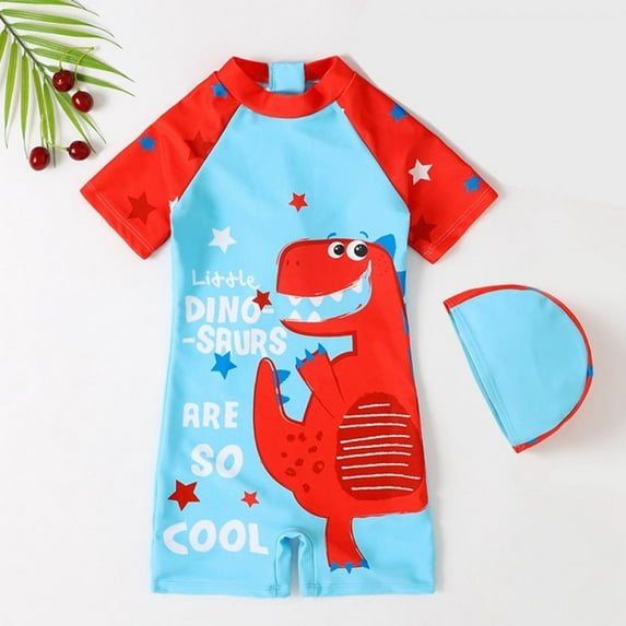 Little Baby Boys One Piece Swimsuit for Toddler Cartoon Short Sleeve Sun Protection Zip Bathing Suit with Hat