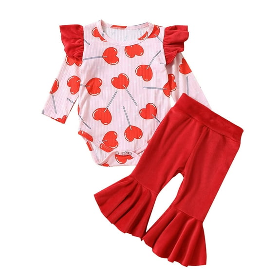Little Baby Outfit Love Heart Printing Girls Valentine's Day Long Sleeve Hearts Printed Romper Bodysuit Bell Bottoms Pants Outfits Holiday Homewear Suits For Child