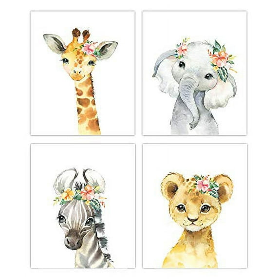 Little Baby Watercolor Animals Floral Crown Safari Prints Set of 4 (Unframed) Nursery Decor Art (8x10) (Option 2)