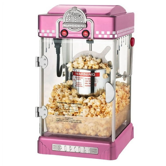 Little Bambino Countertop Popcorn Machine 2.5oz Kettle with Measuring Spoon, Scoop, and 25 Serving Bags by Great Northern Popcorn (Pink)