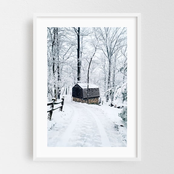 Little Barn - Glen Rock Pennsylvania Photography Winter Snow Nature Landscape Rustic Forest Scenic White Framed Wall Art Print 5 x 7 inches