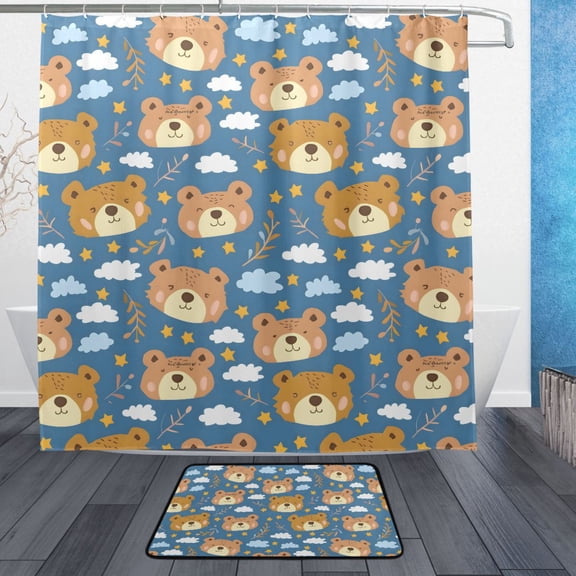 Little Bear Cartoon Pattern Bathroom Accessory Sets Waterproof Shower Curtain with Absorbent Non-Slip Rug
