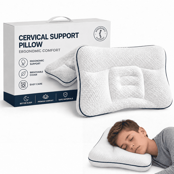Little Bear Kids Posture Pillow, Contoured Memory Foam Neck Support Pillow, Lightweight Pillow for Side, Back & Stomach Sleepers