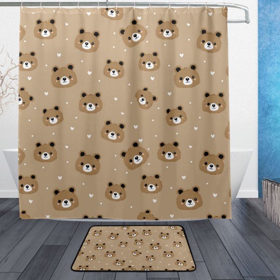 Little Bear Love Wave Pattern Bathroom Accessory Sets Waterproof Shower Curtain with Absorbent Non-Slip Rug
