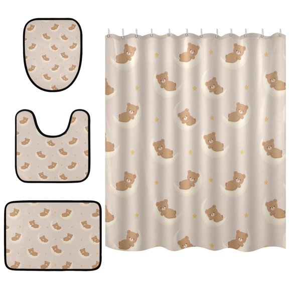 Little Bear Moon Pattern Shower Curtain Sets 4 Piece Waterproof Bathroom Set with Non Slip Mats 66x72in