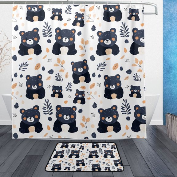 Little Bear Pattern Bathroom Accessory Sets Waterproof Shower Curtain with Absorbent Non-Slip Rug