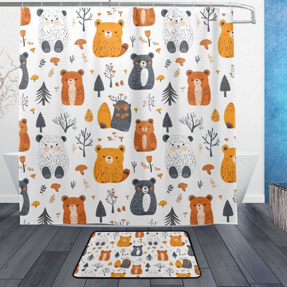 Little Bear Pattern Bathroom Accessory Sets Waterproof Shower Curtain with Absorbent Non-Slip Rug