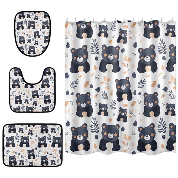 Little Bear Pattern Shower Curtain Sets 4 Piece Waterproof Bathroom Set with Non Slip Mats 66x72in