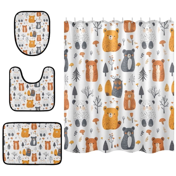 Little Bear Pattern Shower Curtain Sets 4 Piece Waterproof Bathroom Set with Non Slip Mats 66x72in