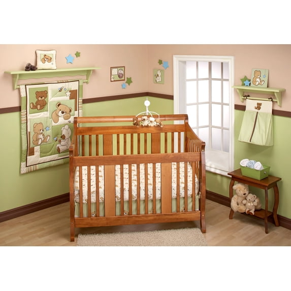 Little Bedding by NoJo Dreamland Teddy 10 Piece Green Nursery In A Bag Bedding Set, Crib