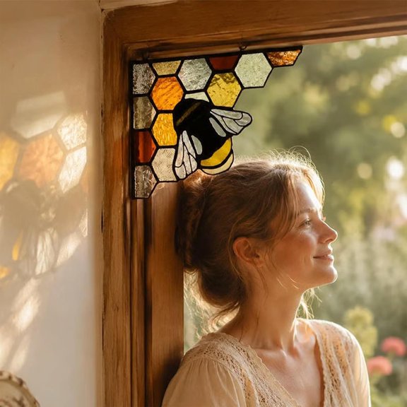 Little Bee Corner Decor,Stained Glass Bee Suncatcher with Honeycomb Pattern for Window Display,Handcrafted Rustic Corner Hanging for Garden Sunroom Kitchen Living Room (1 PC)