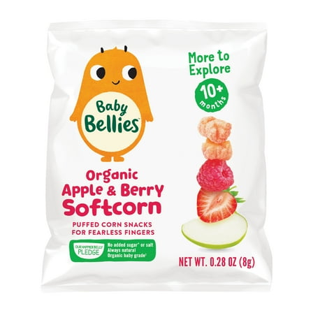 (12 pack) Little Bellies Organic Apple & Berry Softcorn Snack, Baby and Toddler Snacks, Age 10  Months, 0.28 oz Bag