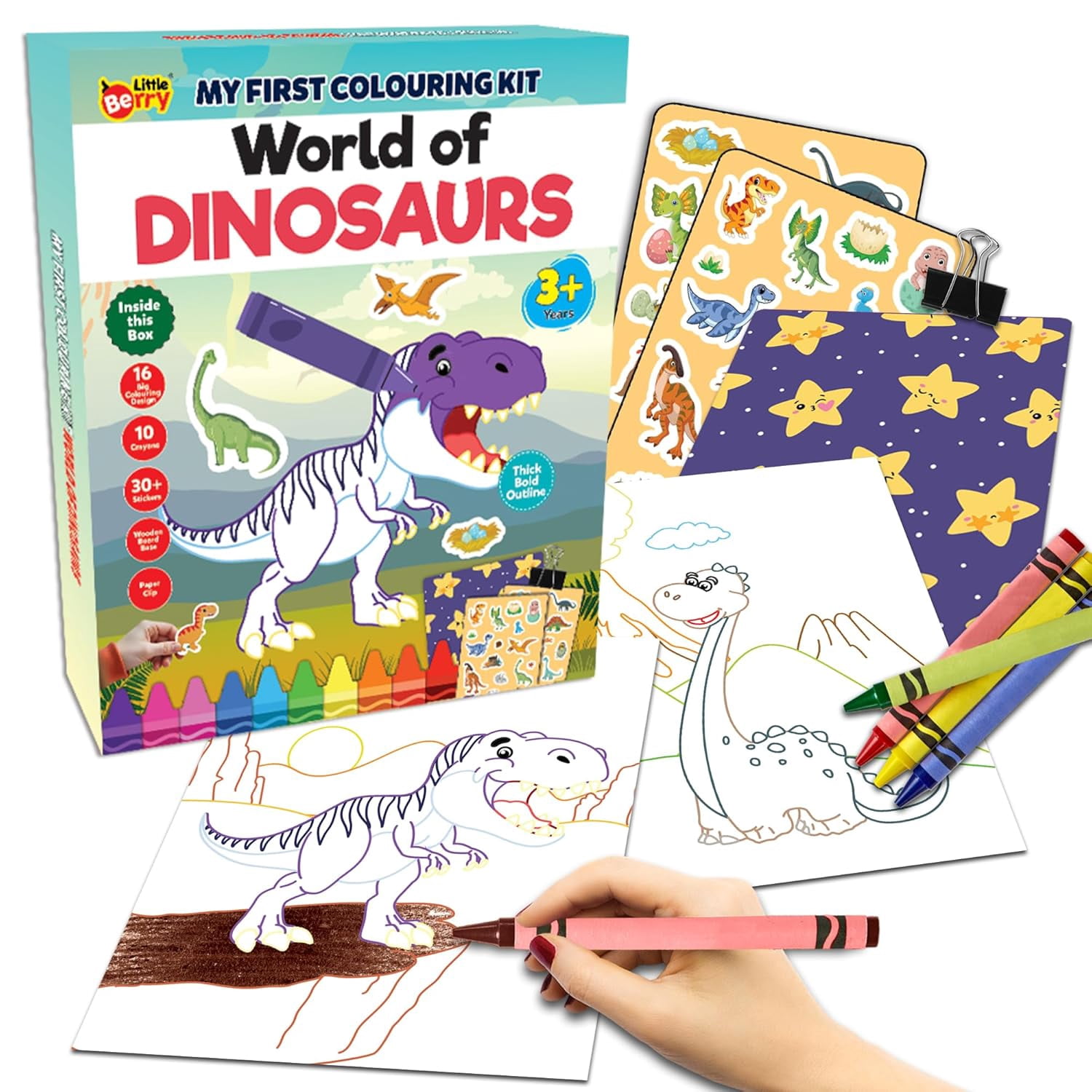 Little Berry Colors Set for Kids | My First Colour Set Kit World of Dinosaurs | All-Inclusive Set with Colouring Sheets, Stickers, Crayons | Gift for Boys & Girls | Travel Friendly Drawing Set