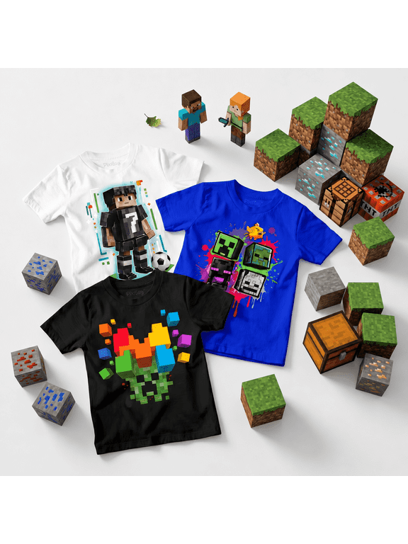 Little & Big Boys 3-Pack Graphic T-Shirts – Soccer Player, Explosion & Pixel Monster Designs