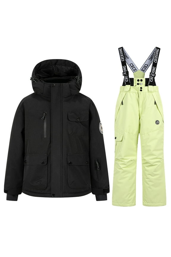 Little/Big Boys Girls Snowsuit 2 Set Winter Baby Girl Hooded Puffer Down Jacket Coat with Snow Bib Pants Boys Ski Suit Green 13-14 Years