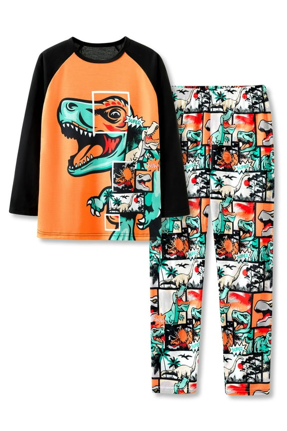 Little & Big Boys Orange Dino Pajamas 2-Piece Long Sleeve PJ Set Winter Jammies Size 12