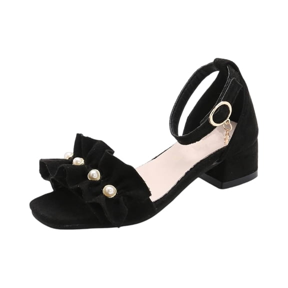 Little Big Girls Flower Pearl Middle High Heel Princess Sandals Kids Shoes Dress Platform Open Toe Summer Sandals (35,Black)