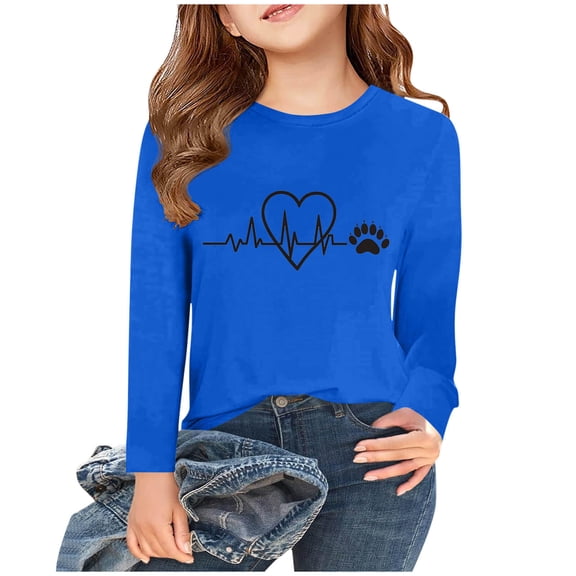 Little/Big Girls Long Sleeve Shirts Heart Printed Cotton Long-Sleeve T-Shirts Tagless Basic Tees for Teen Girls Youth Blue 3-4 Years