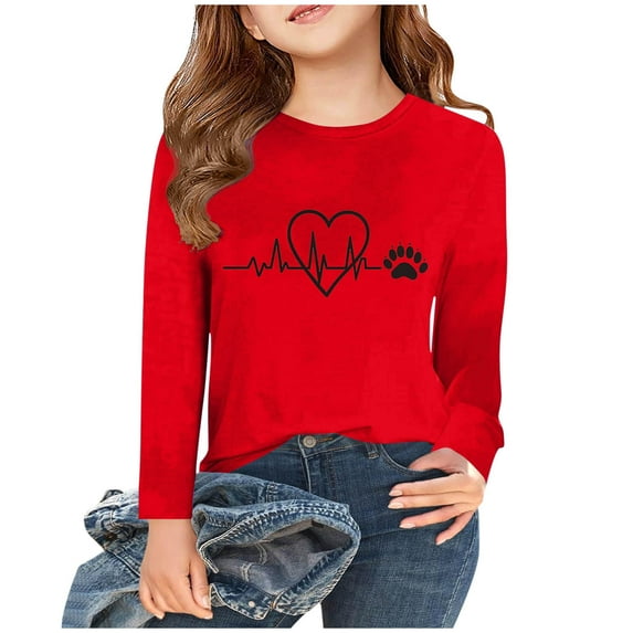 Little/Big Girls Long Sleeve Shirts Heart Printed Cotton Long-Sleeve T-Shirts Tagless Basic Tees for Teen Girls Youth Red 2-3 Years