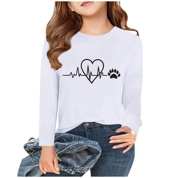 Little/Big Girls Long Sleeve Shirts Heart Printed Cotton Long-Sleeve T-Shirts Tagless Basic Tees for Teen Girls Youth White 7-8 Years