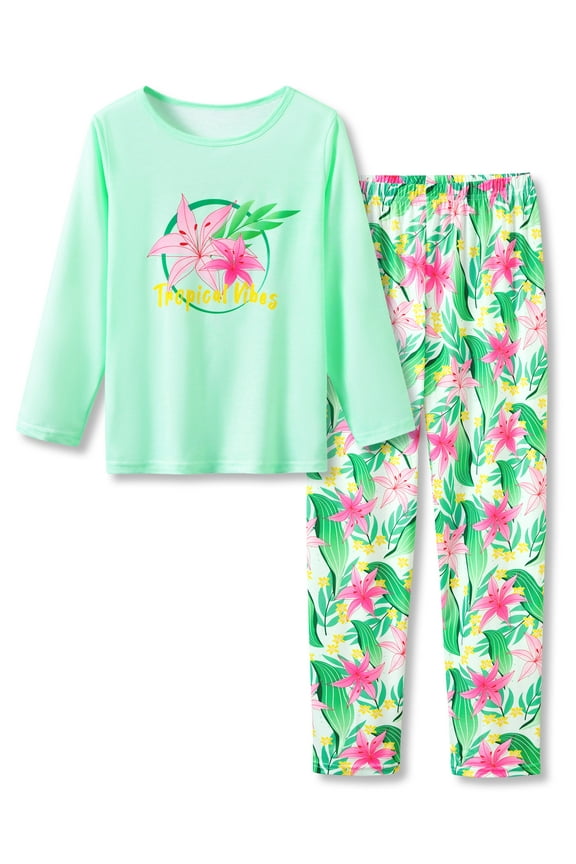 Little & Big Girls Long Sleeves & Pants Tie Dye Tropical Flowers Leaves Pajamas Kids PJ Set Sleepwear Size 10