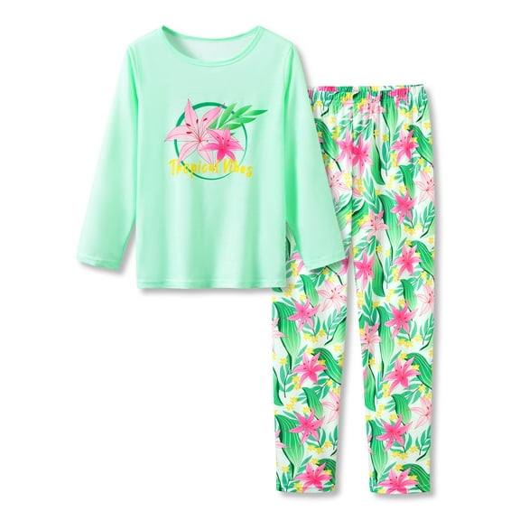 Little & Big Girls Long Sleeves & Pants Tie Dye Tropical Flowers Leaves Pajamas Kids PJ Set Sleepwear Size 12