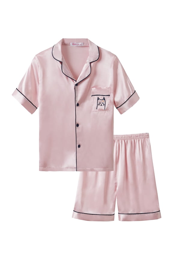 Little & Big Girls Pajama Set Size 12 - Satin Silky Cute Cat Summer Shorts Outfit Pink