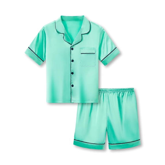 Beezizac Little & Big Girls Pajama Set Size 12 - Turquoise Satin Silky Cute Summer Shorts Outfit