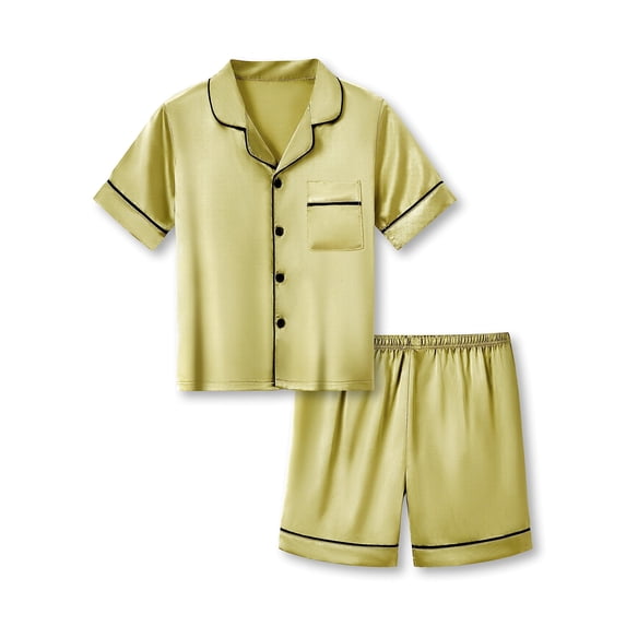 Beezizac Little & Big Girls Pajama Set Size 6/7 - Acid Yellow Satin Silky Cute Summer Shorts Outfit