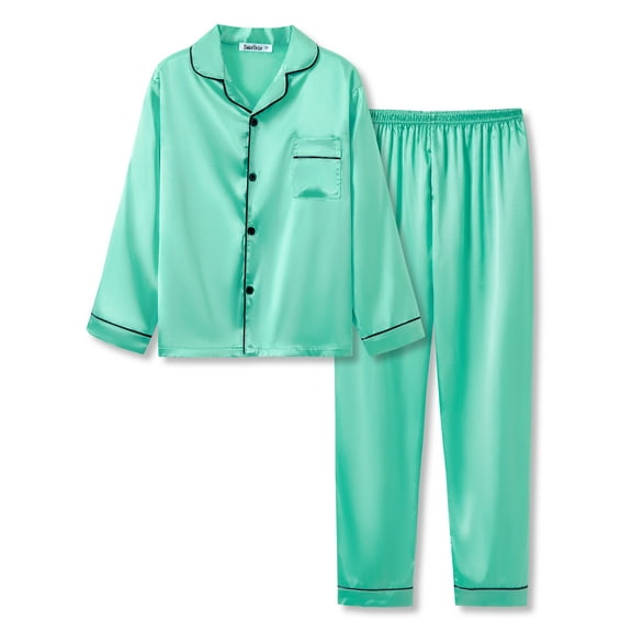 Little & Big Girls Pajama Set Size 6/7 - Turquoise Satin Silky Cute Fall Winter Long Outfit