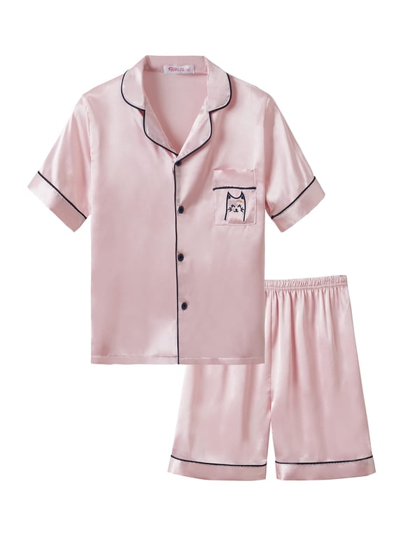 Little & Big Girls Pajama Set Size 6 - Satin Silky Cute Cat Summer Shorts Outfit Pink