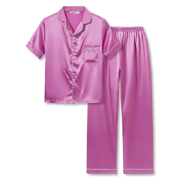 Little & Big Girls Pajama Set Size 8 - Fuchsia Satin Silky Cute Summer Short Sleeve & Pants Outfit