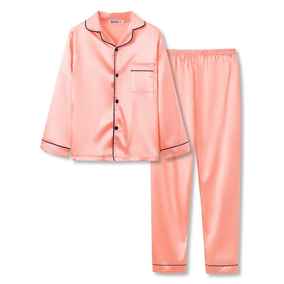 Little & Big Girls Pajama Set Size 8 - Peach Satin Silky Cute Fall Winter Long Outfit
