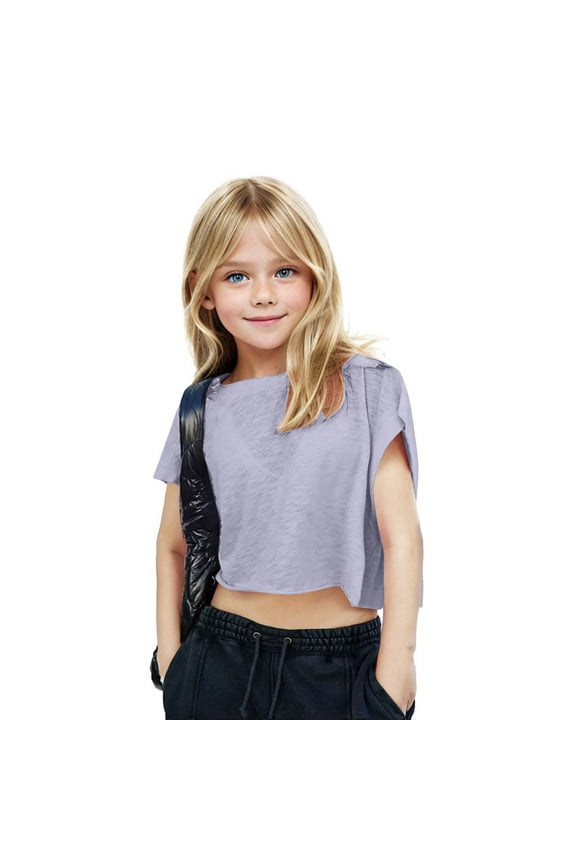 Little / Big Girls Short Sleeve T Shirts Solid Color Backless Blouse Plain Cotton Tops for Kids 2-13T Purple 13-15 Years