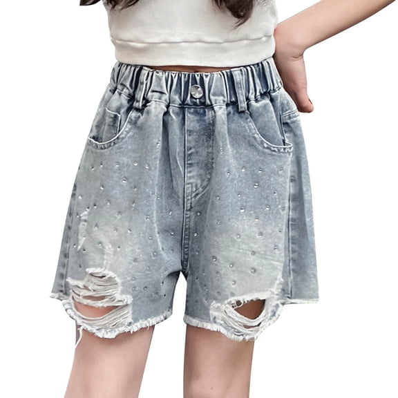 Little & Big Girls Summer Denim Shorts Elastic Waistband Flower Ripped Jeans Loose Fit Comfortable Breathable Summer Spring Fall,Color:Blue,Size:7-8 Years