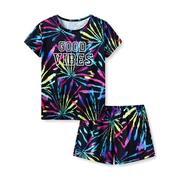 Little & Big Girls Summer Tee & Shorts Tie Dye Good Vibes Pajamas Kids PJ Set Sleepwear Size 18